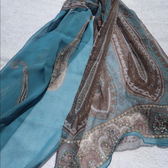 Silk blue and brown scarf - Picture 8 of 8